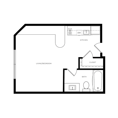 A black and white floor plan of a small apartment with a kitchen, living/bedroom, bathroom, and closet.